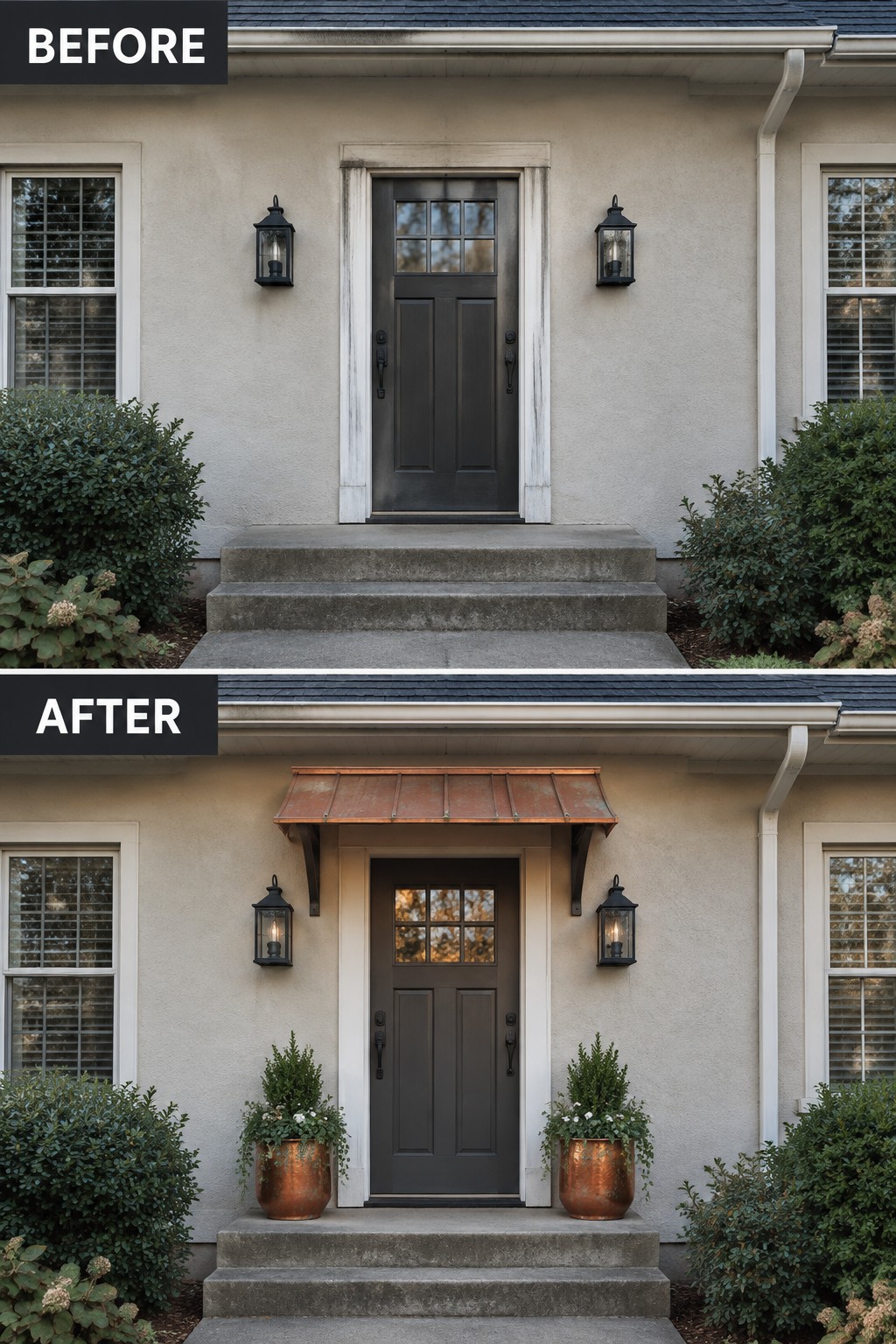Before and after house entrance with copper awning and potted planters added.