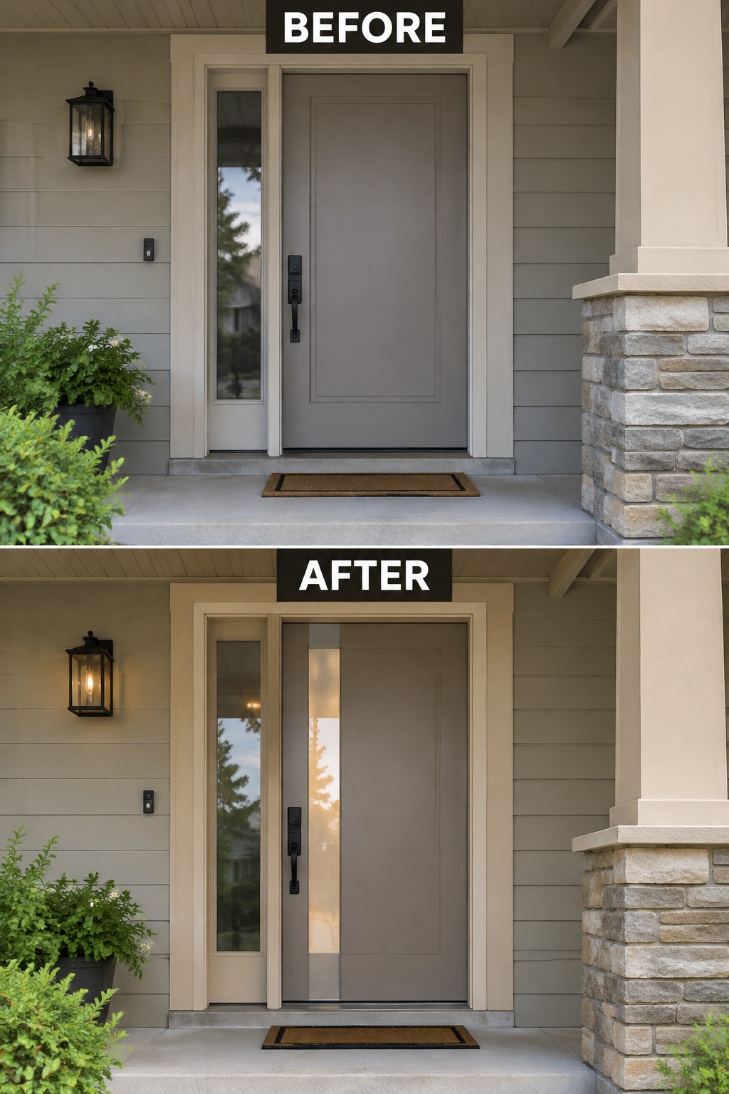 Before and after of gray front door with new vertical glass panel
