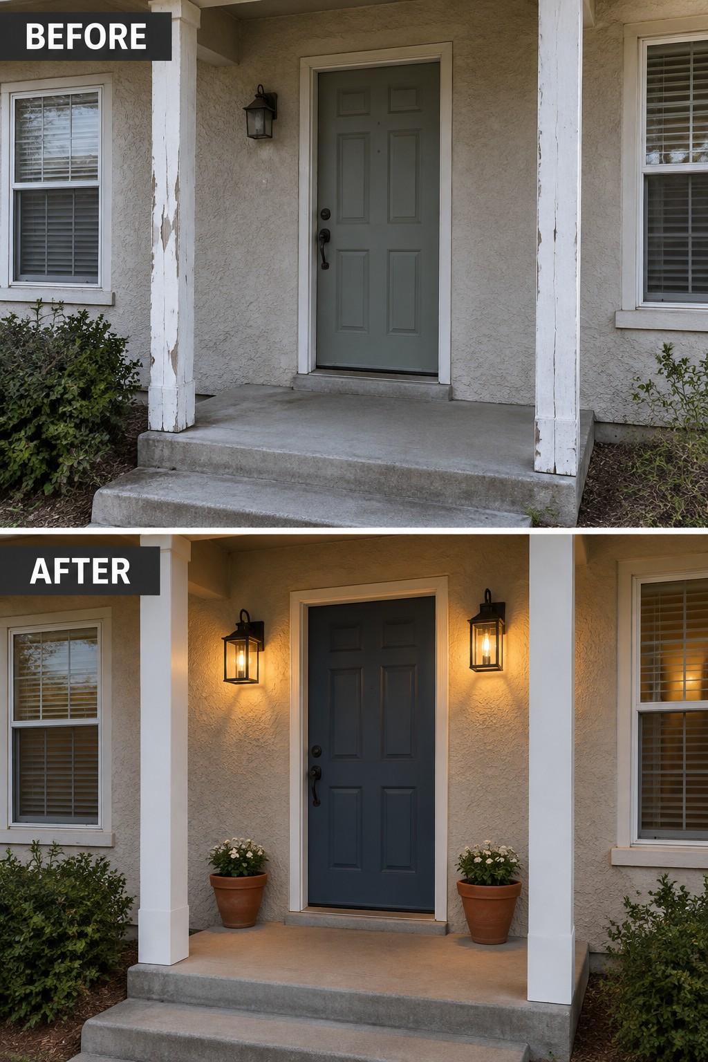 Before-and-after image of a front entry with a gray door changed to dark blue, flanked by black wall sconces and terracotta planters with flowers.