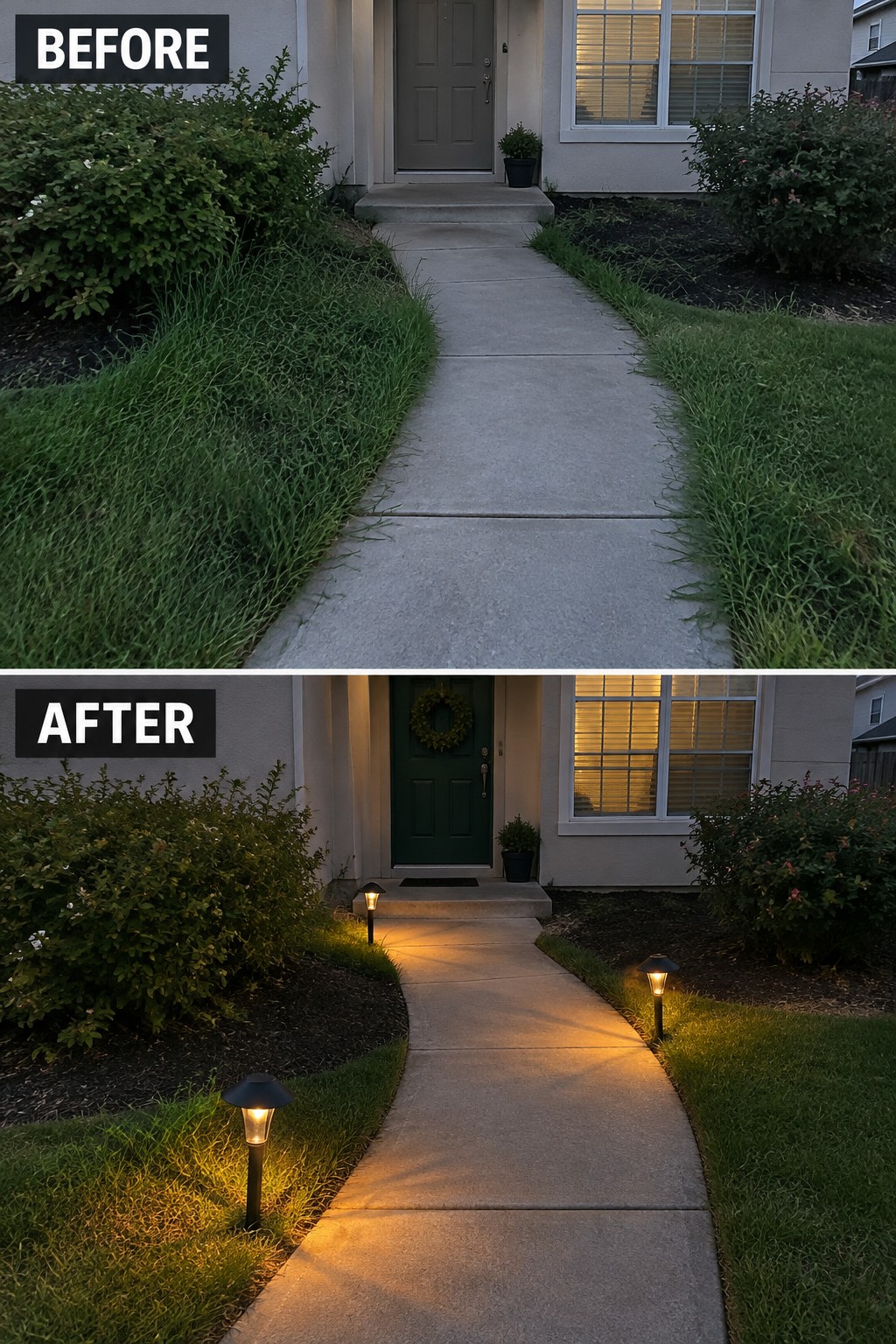 Before and after of front walkway with added solar lights and green door