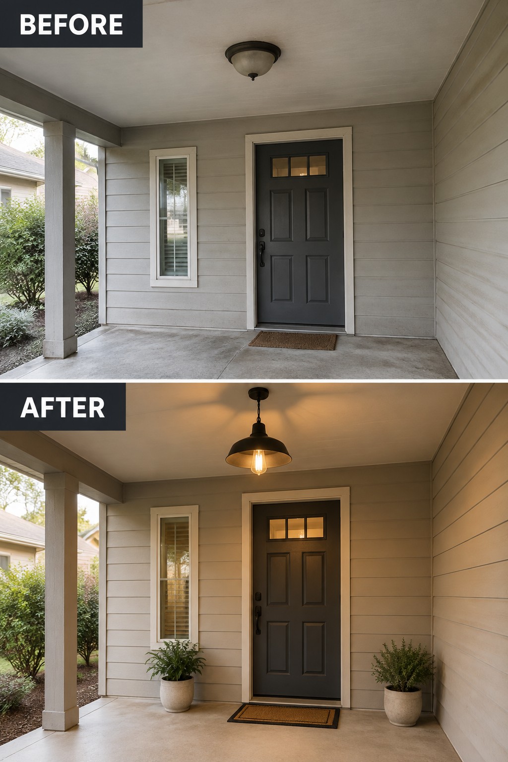 Before and after porch with new pendant light and potted plants added