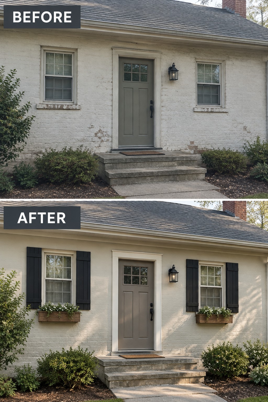 Before and after of white brick house with added black shutters and flower boxes.