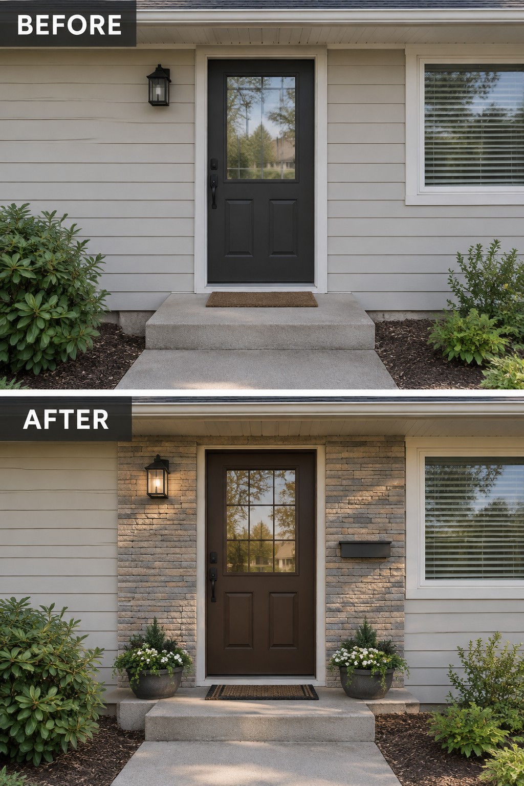 Before-and-after image of a front entry updated with stone veneer around the door, a changed door color, and added planters.
