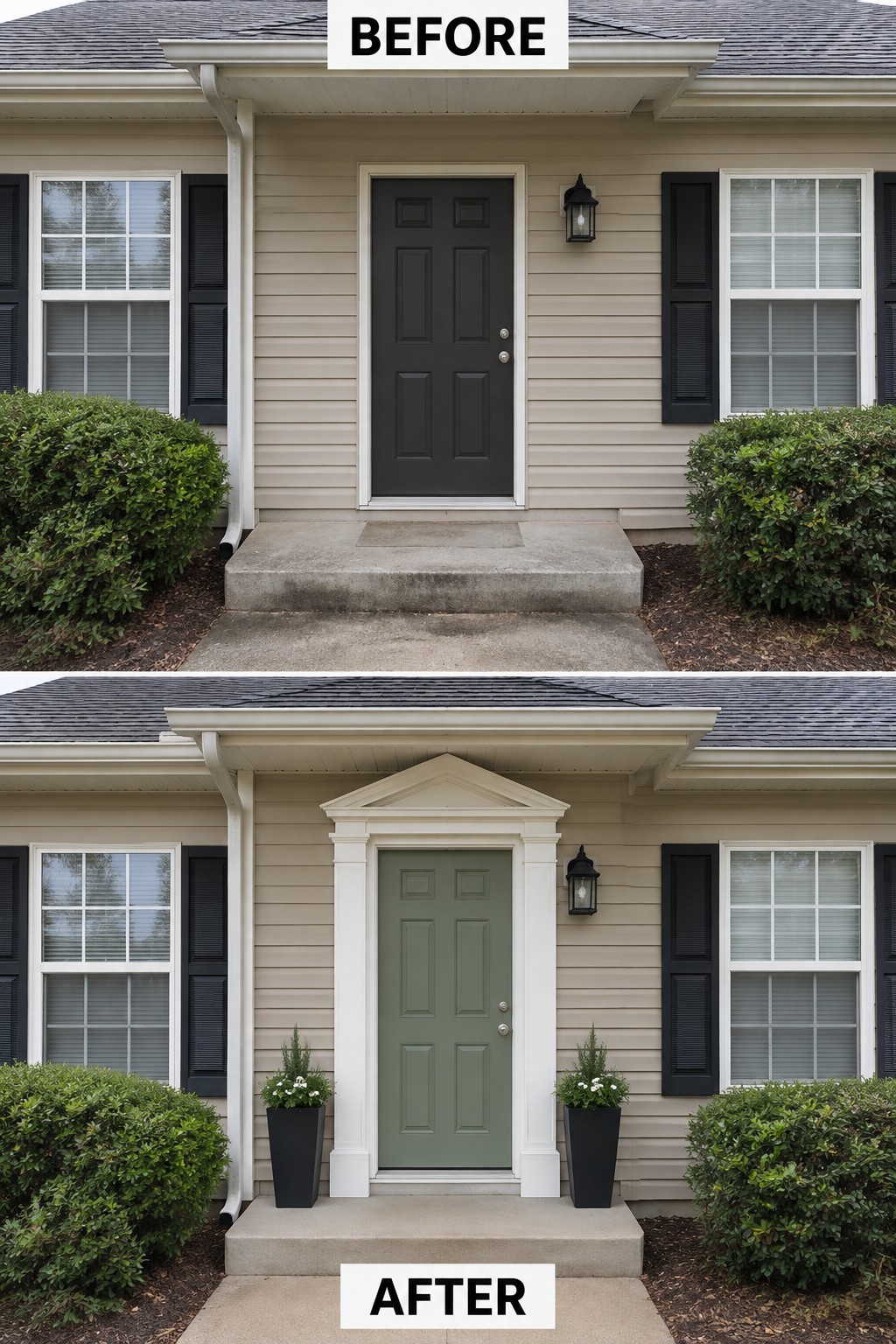 Before-and-after beige house entrance with black door upgraded to green with white portico and planters.