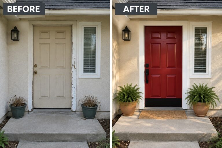 20 Clever Front Door Updates Without Changing the Existing Footprint Before-and-after view of beige door repainted red with new ferns and doormat.