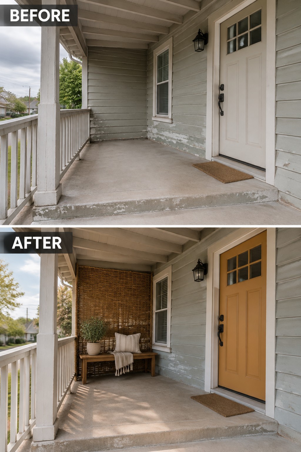 Before and after porch renovation with yellow door, bench, and woven screen