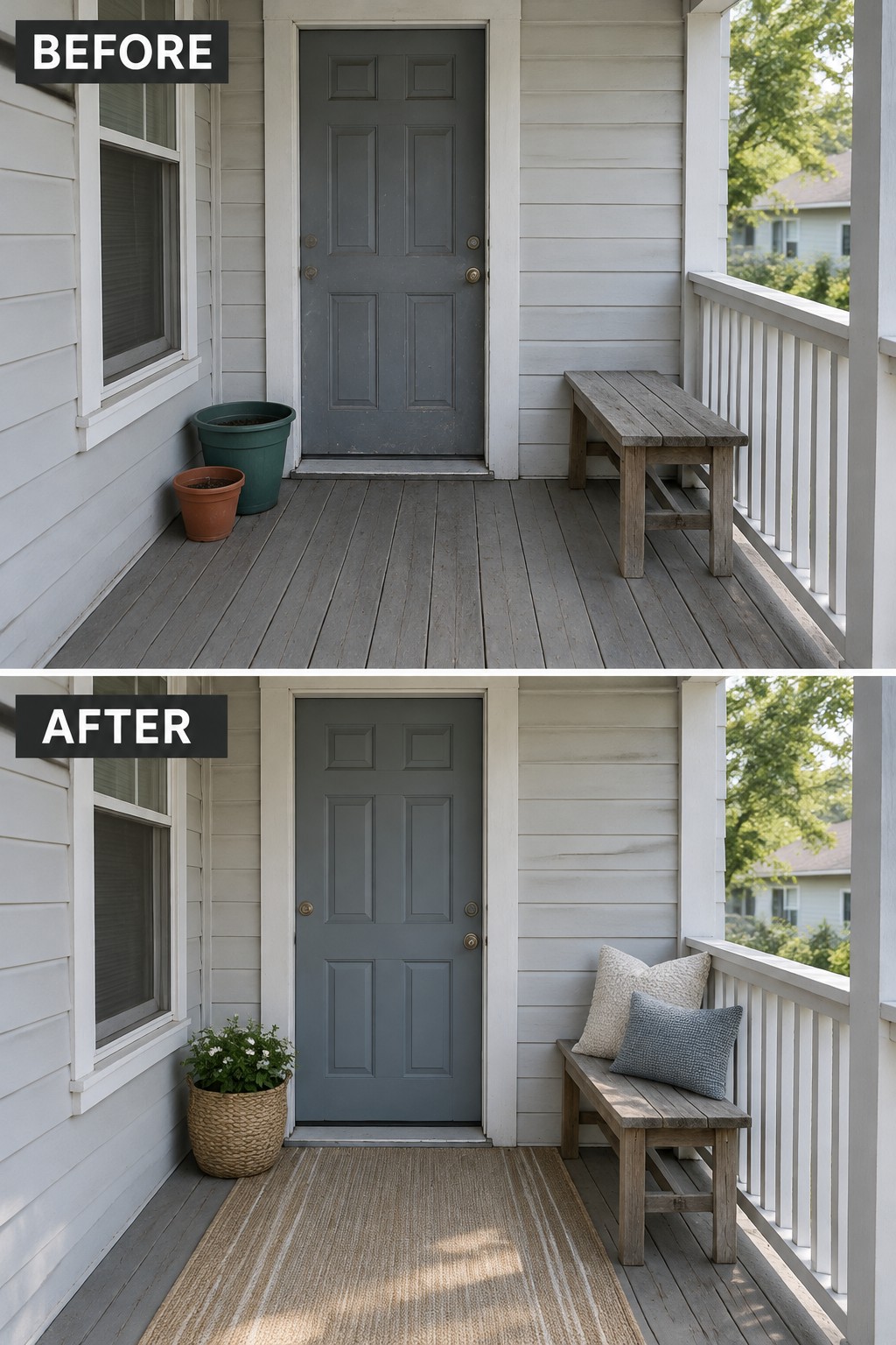 Split image of gray door porch before and after with rug, pillows, and flower basket