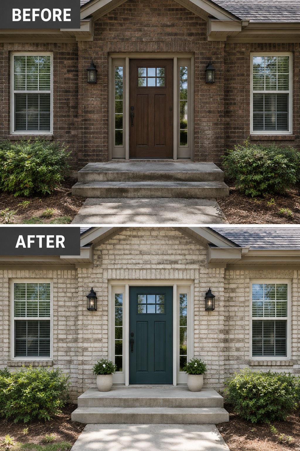 Before-and-after brick home entrance with brown door changed to teal and added potted plants.
