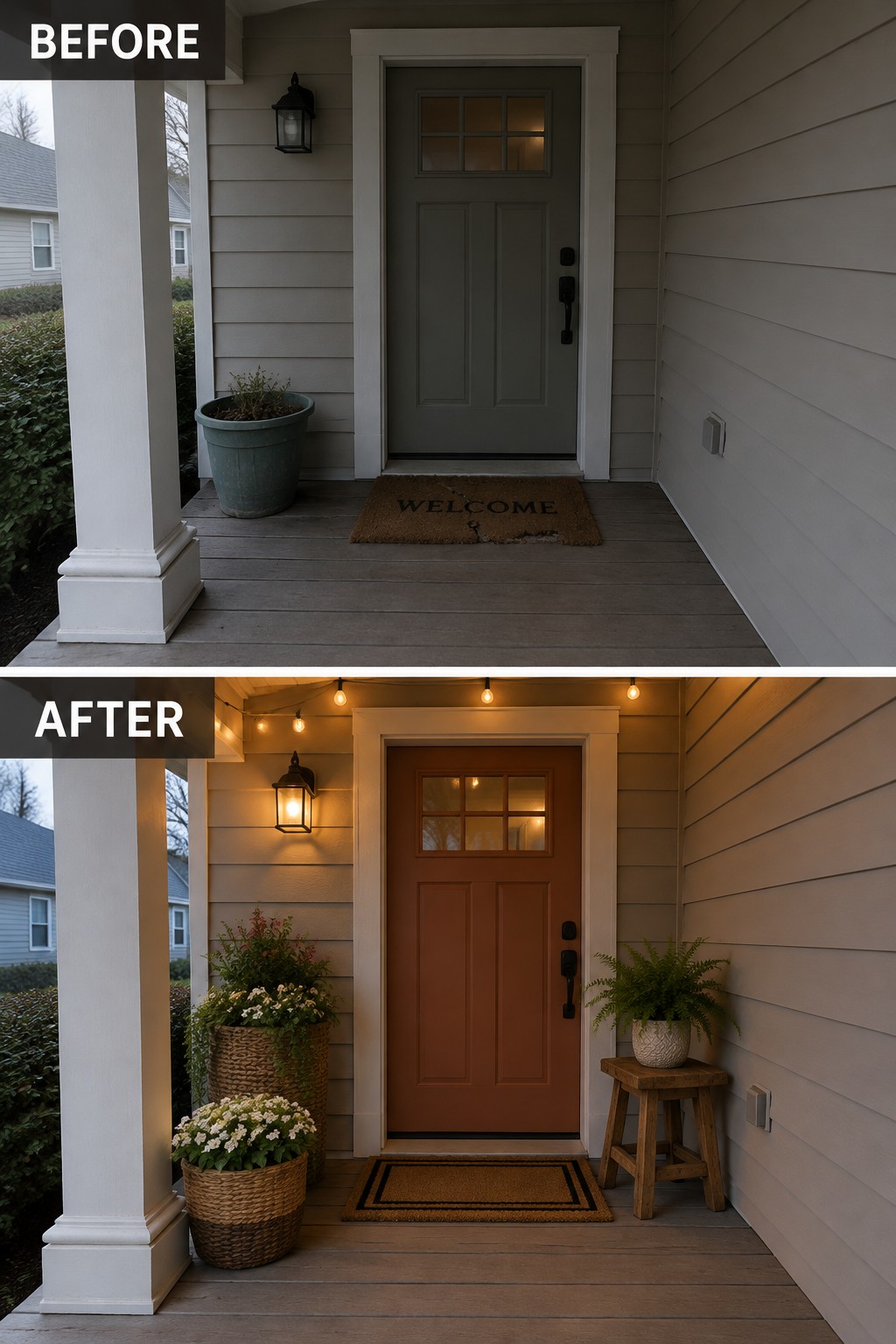 Before-and-after porch with gray door changed to terracotta, string lights, and added plants.