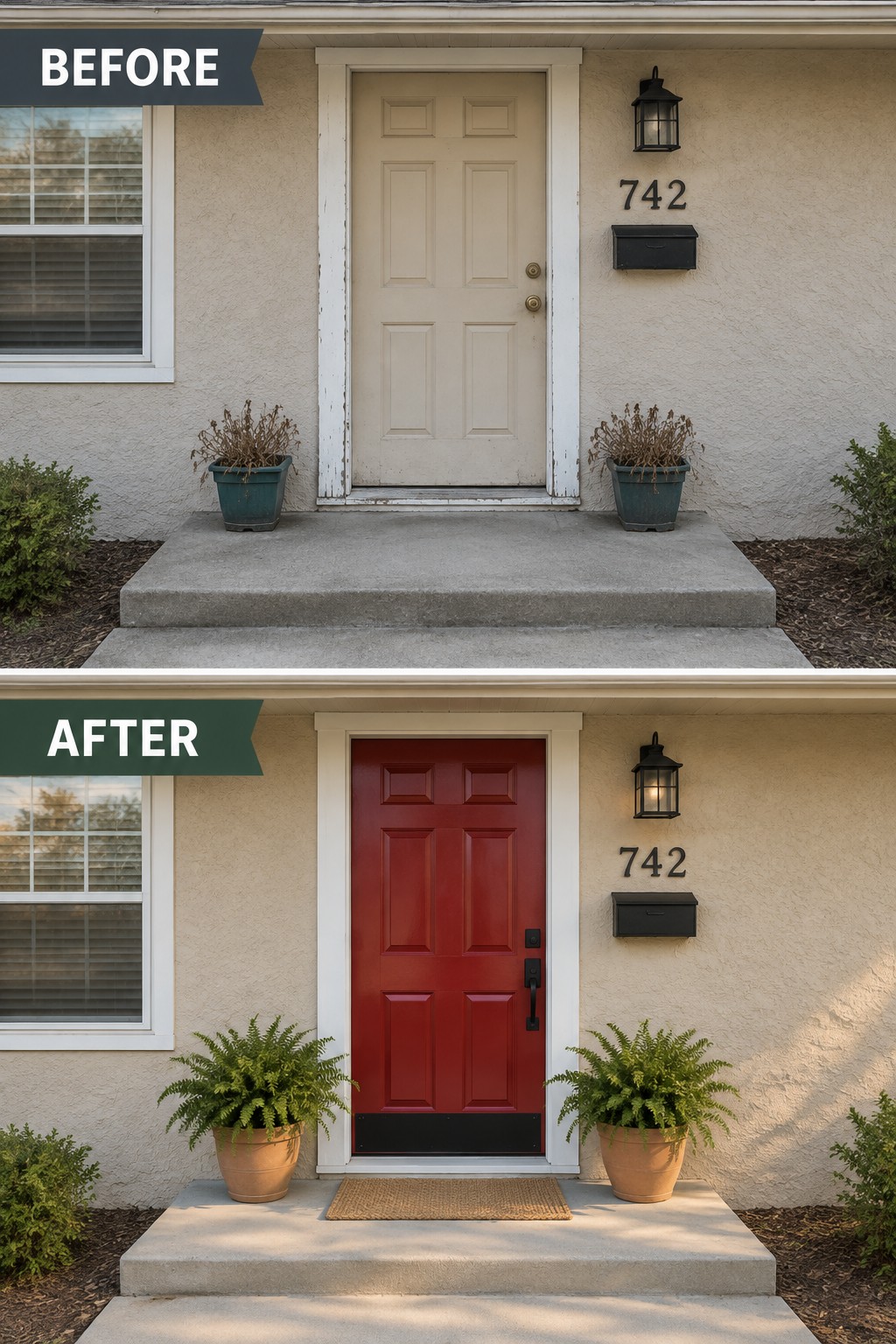 Before-and-after view of beige door repainted red with new ferns and doormat.