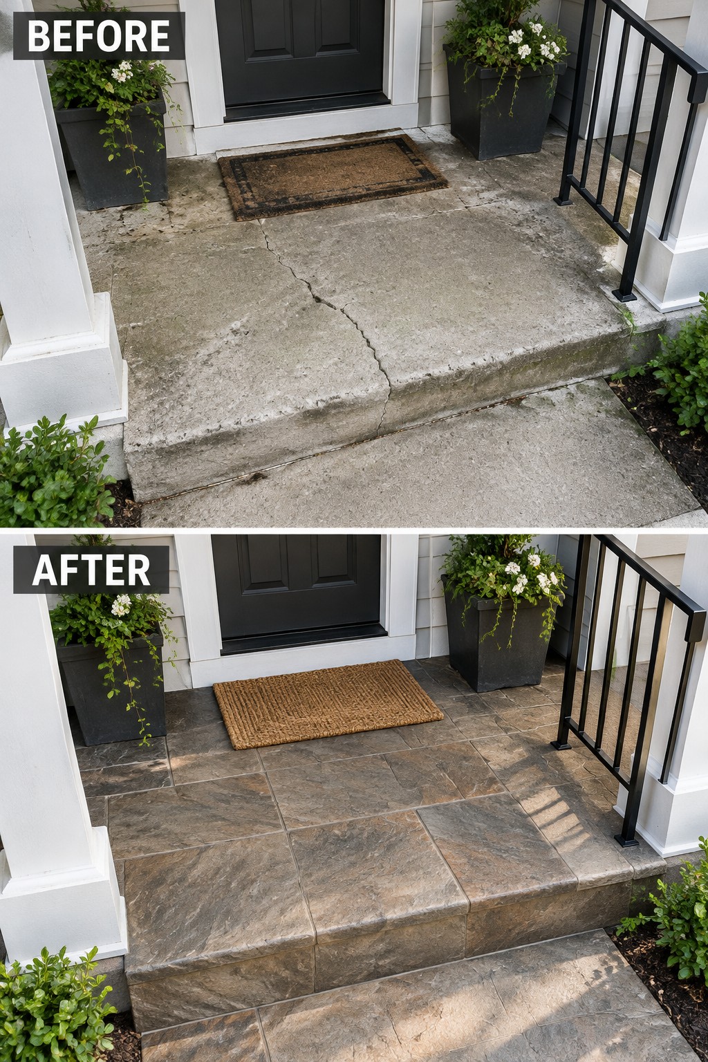 Before-and-after image of a cracked concrete front porch updated with stone pavers and a new doormat.