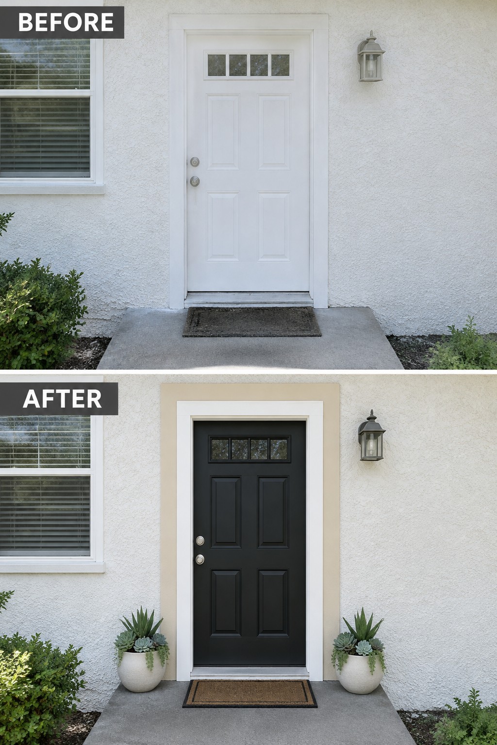 Before and after of white front door painted black with flanking potted succulents.