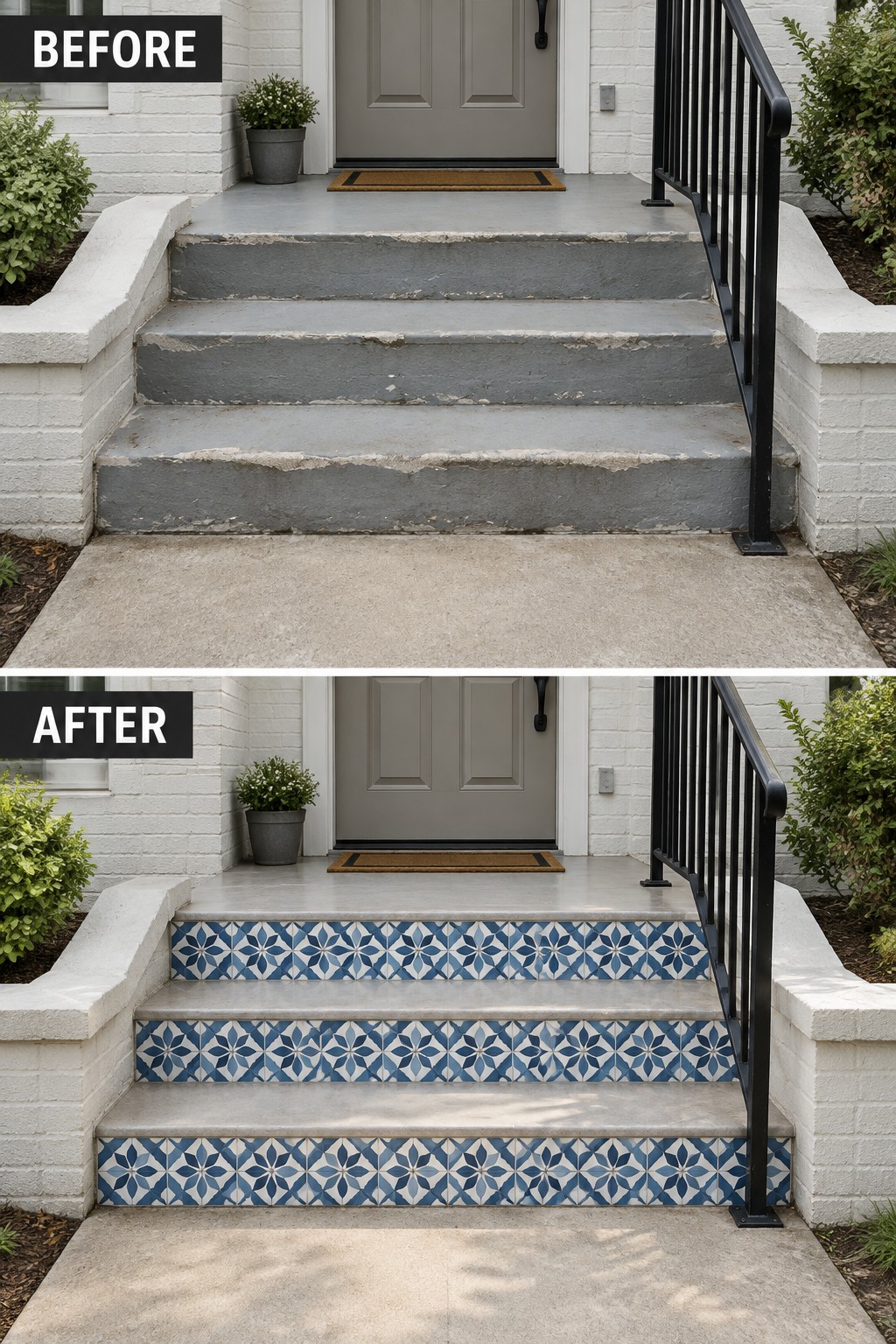 Before and after of concrete steps with blue patterned tile risers on porch