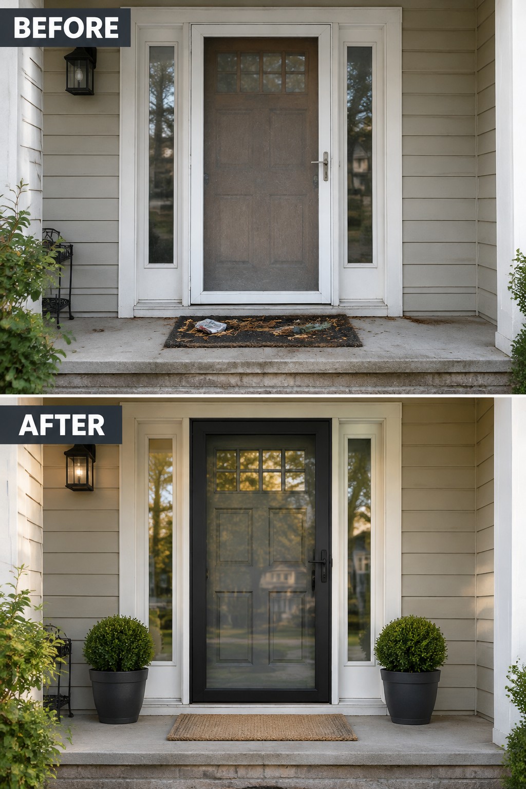 Before-and-after house entrance: brown door replaced by black with potted shrubs.