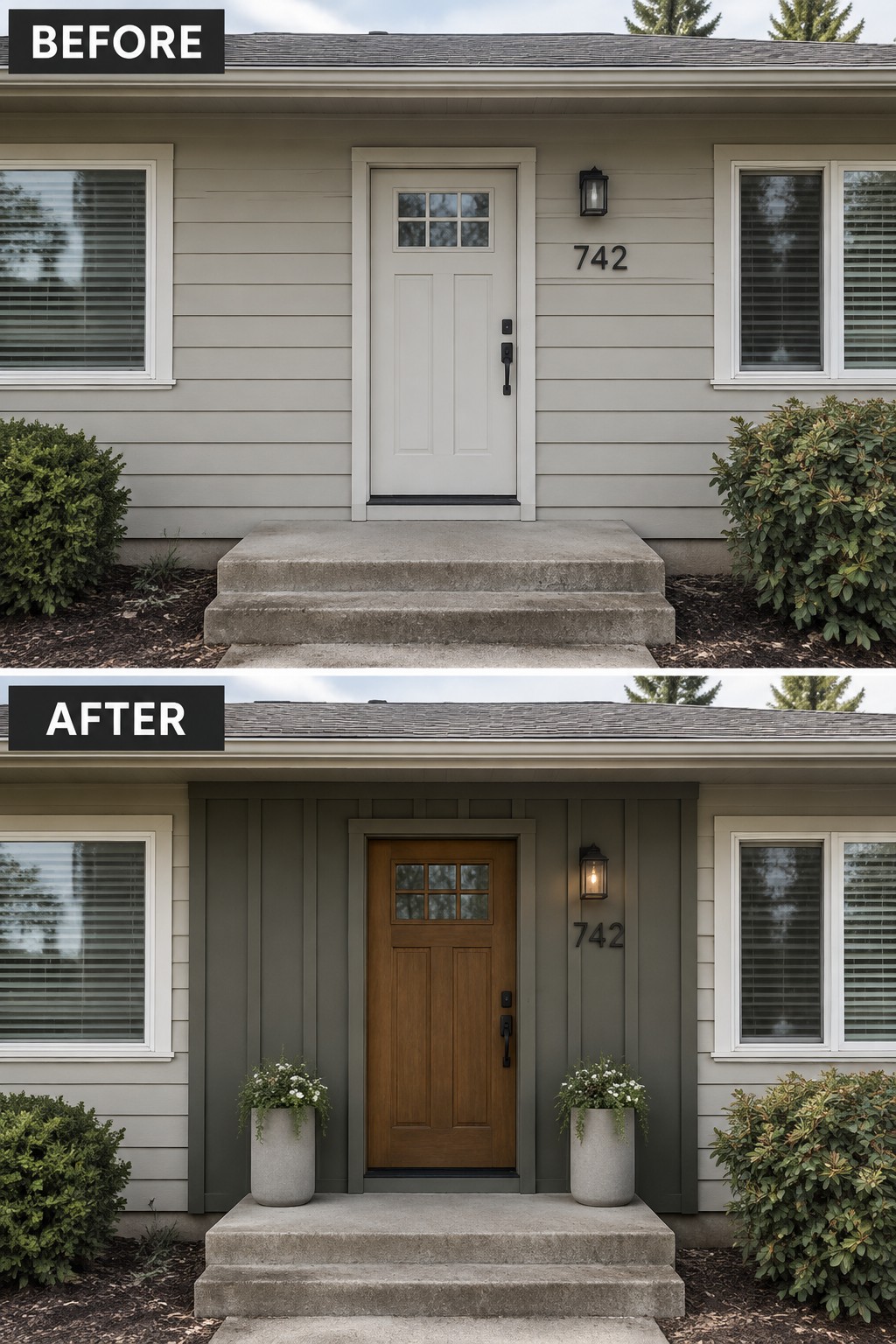 Before and after of house facade renovation from white door to wooden door with planters