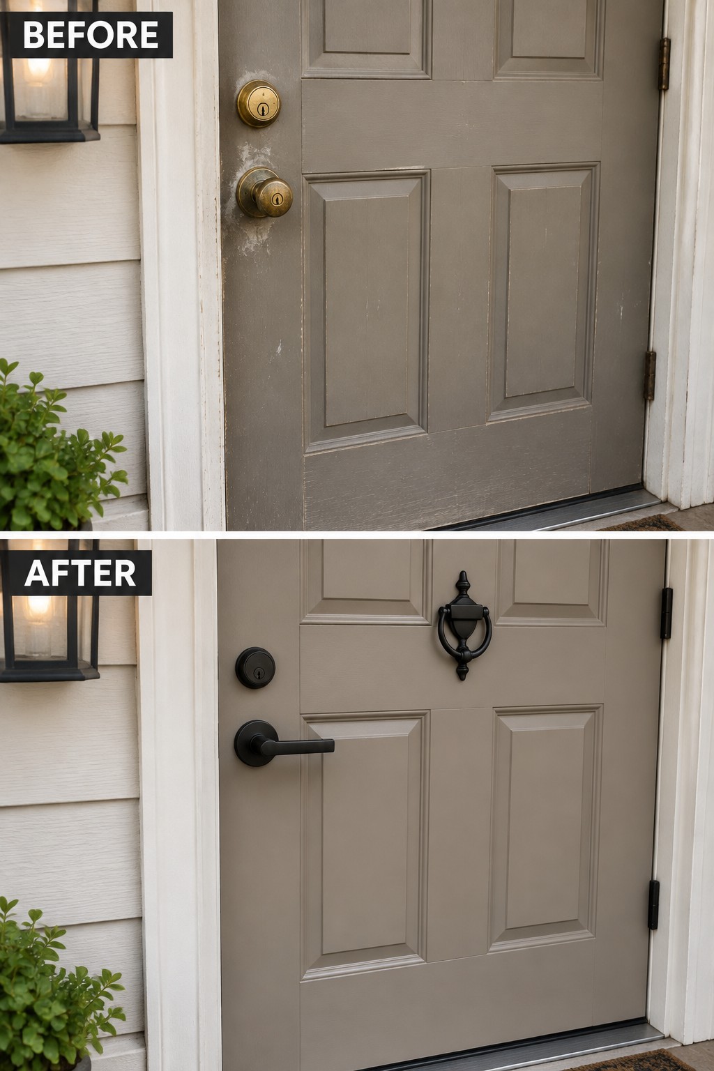 Before-and-after of gray door with brass hardware replaced by modern black fixtures