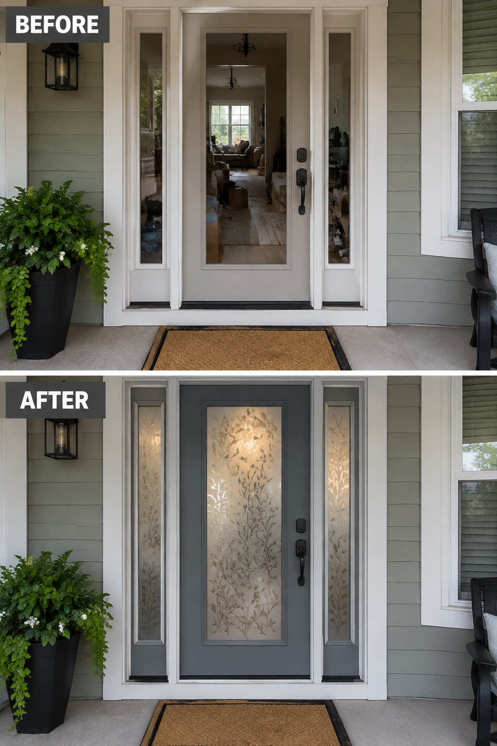 Before-and-after image of a front door makeover showing a light off-white door with clear glass sidelights changed to a dark gray door with etched leafy patterns on the center panel and sidelights.