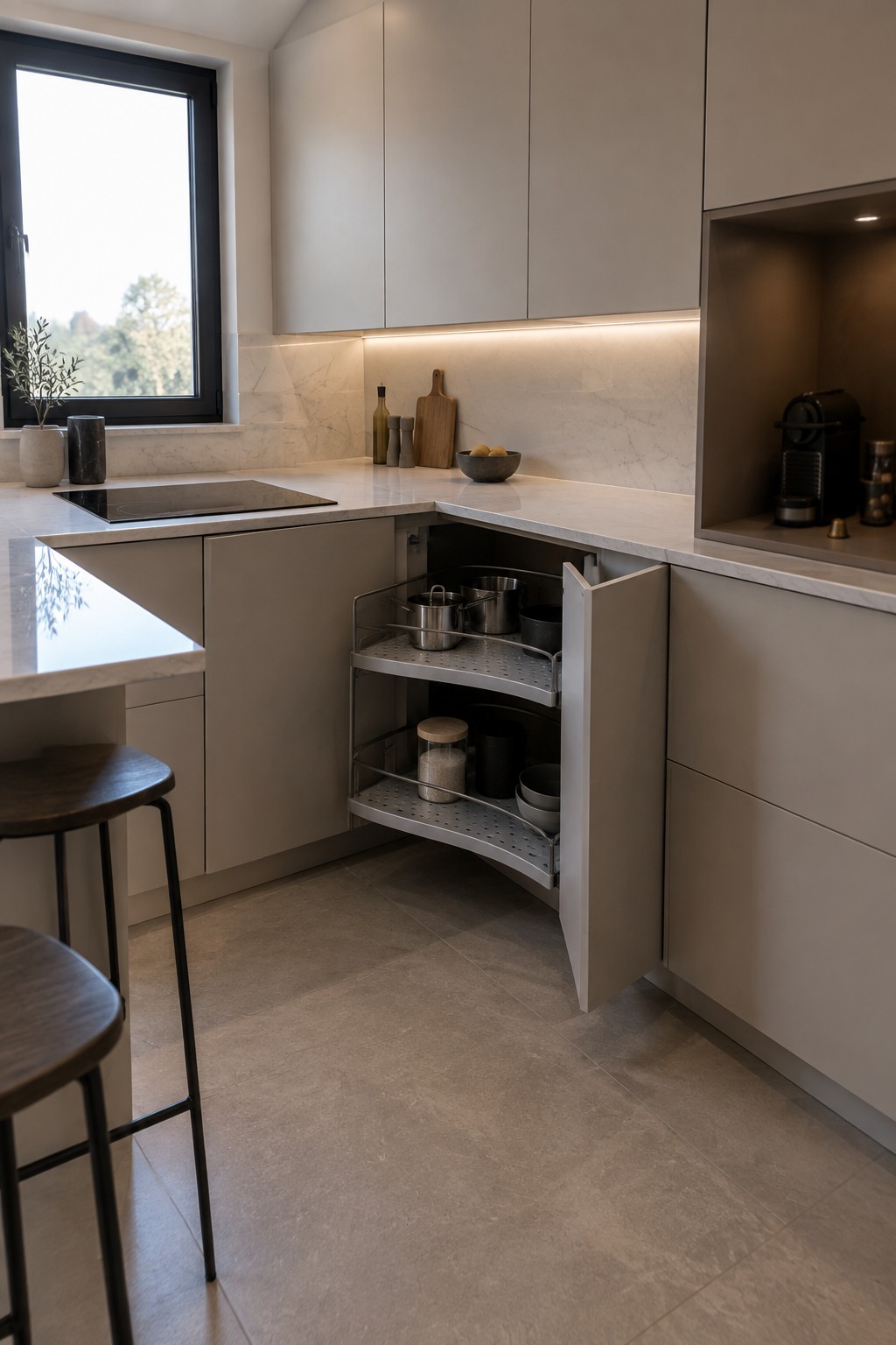 An open lower corner kitchen cabinet has two pull-out shelves holding pots, bowls, and storage containers.