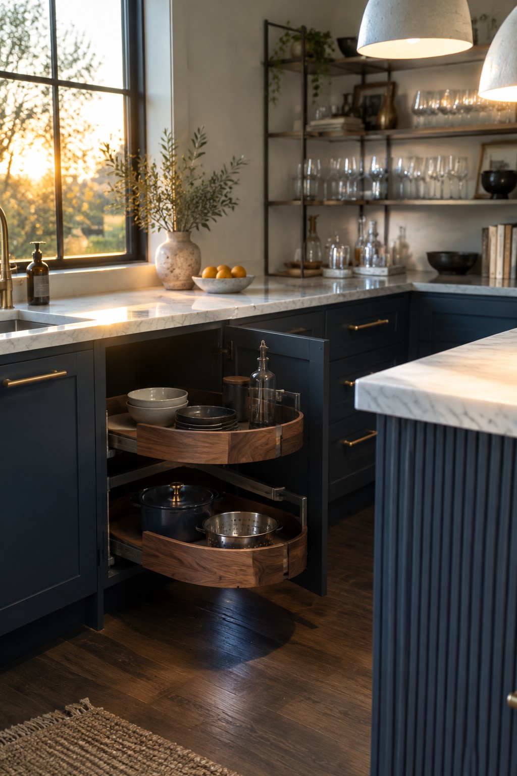A dark blue kitchen cabinet is open to reveal two curved wooden pull-out shelves holding dishes, cookware, and glass bottles.