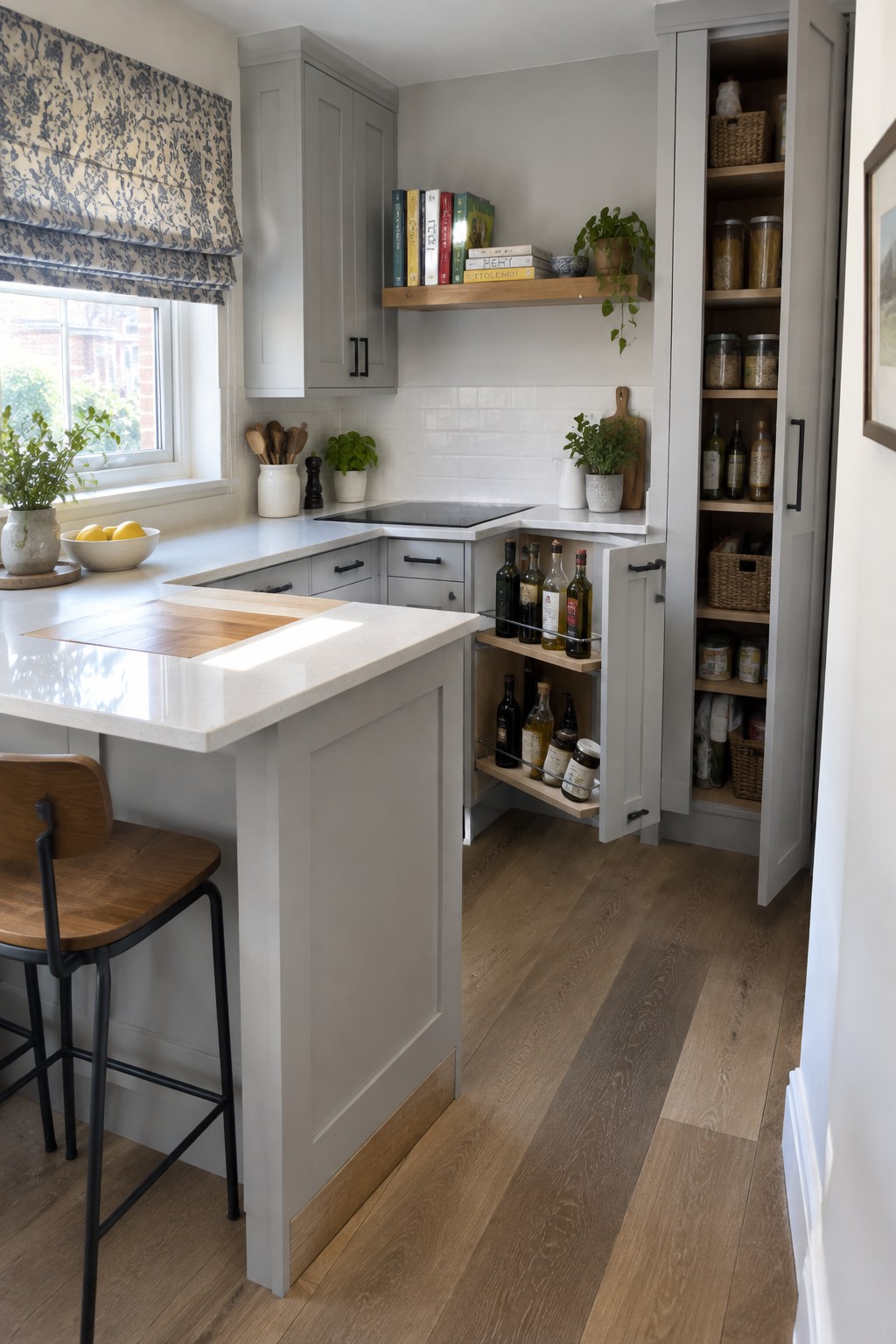 A gray kitchen with a lower corner cabinet open to reveal two pull-out shelves holding bottles.