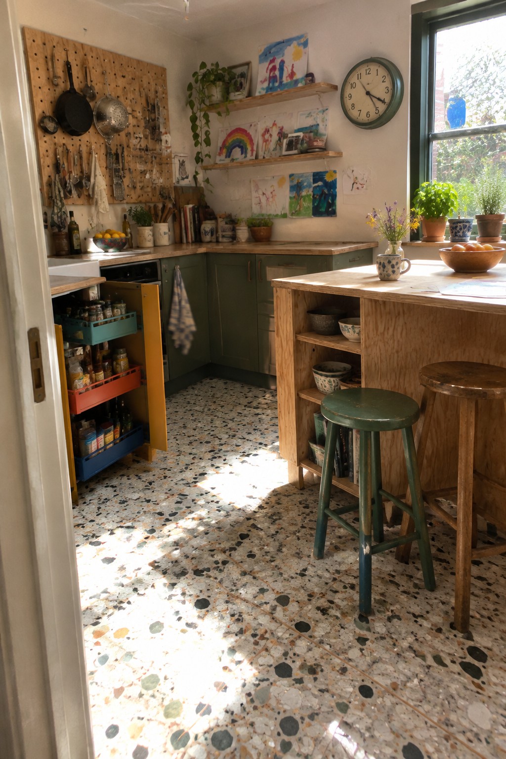 A small kitchen with green lower cabinets, an open pull-out pantry rack, wooden shelves, and a central worktable.