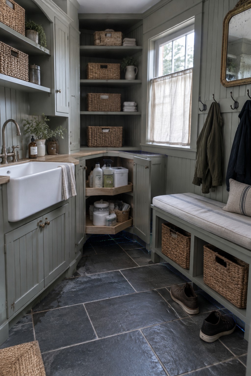 An open lower corner cabinet has two curved shelves holding cleaning supplies.