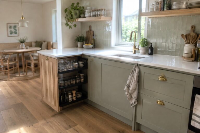 20 Efficient Lower Corner Cabinet Ideas Using Pull-Out Shelving An open wooden kitchen cabinet has pull-out shelves holding drinking glasses, mugs, spice jars, and pantry containers.