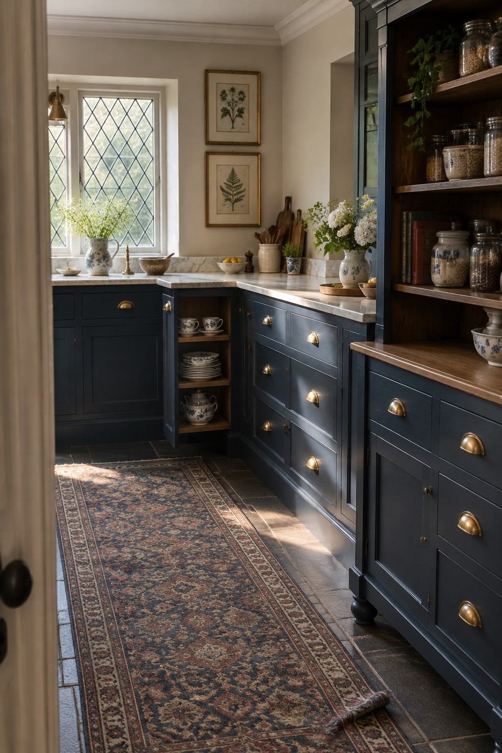 Navy kitchen cabinets with an open corner shelf holding dishes beneath a marble countertop.