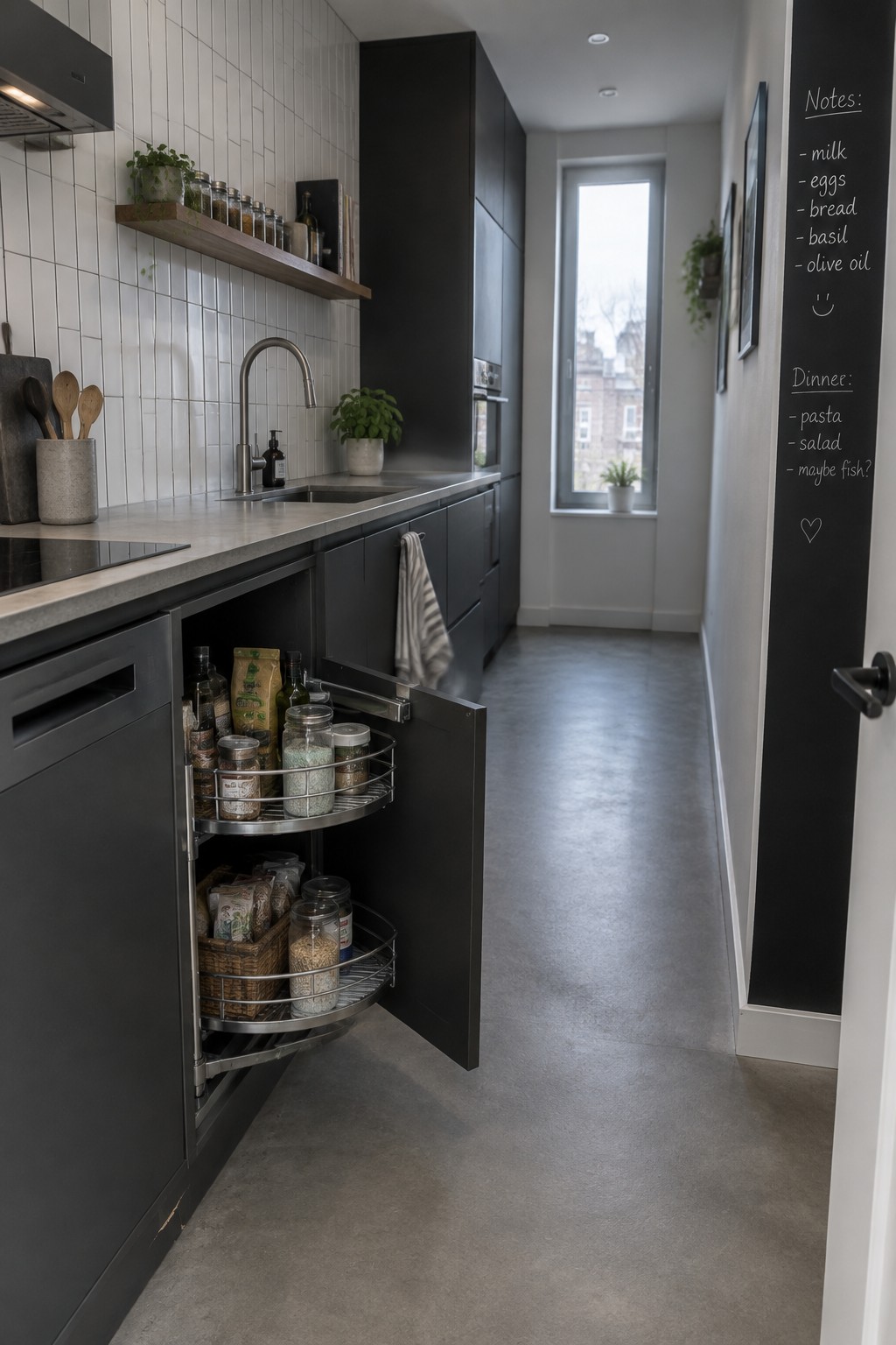 An open lower corner cabinet in a narrow kitchen shows two curved pull-out shelves stocked with jars, bottles, and packaged food.