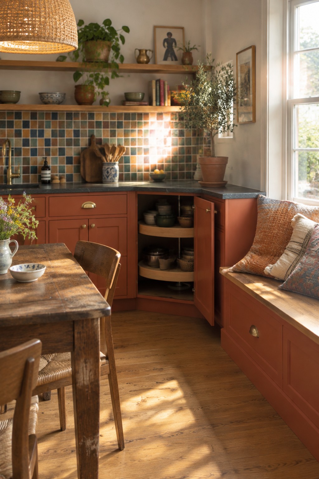 A terracotta-colored lower corner cabinet stands open, showing two curved pull-out shelves filled with bowls and dishes.