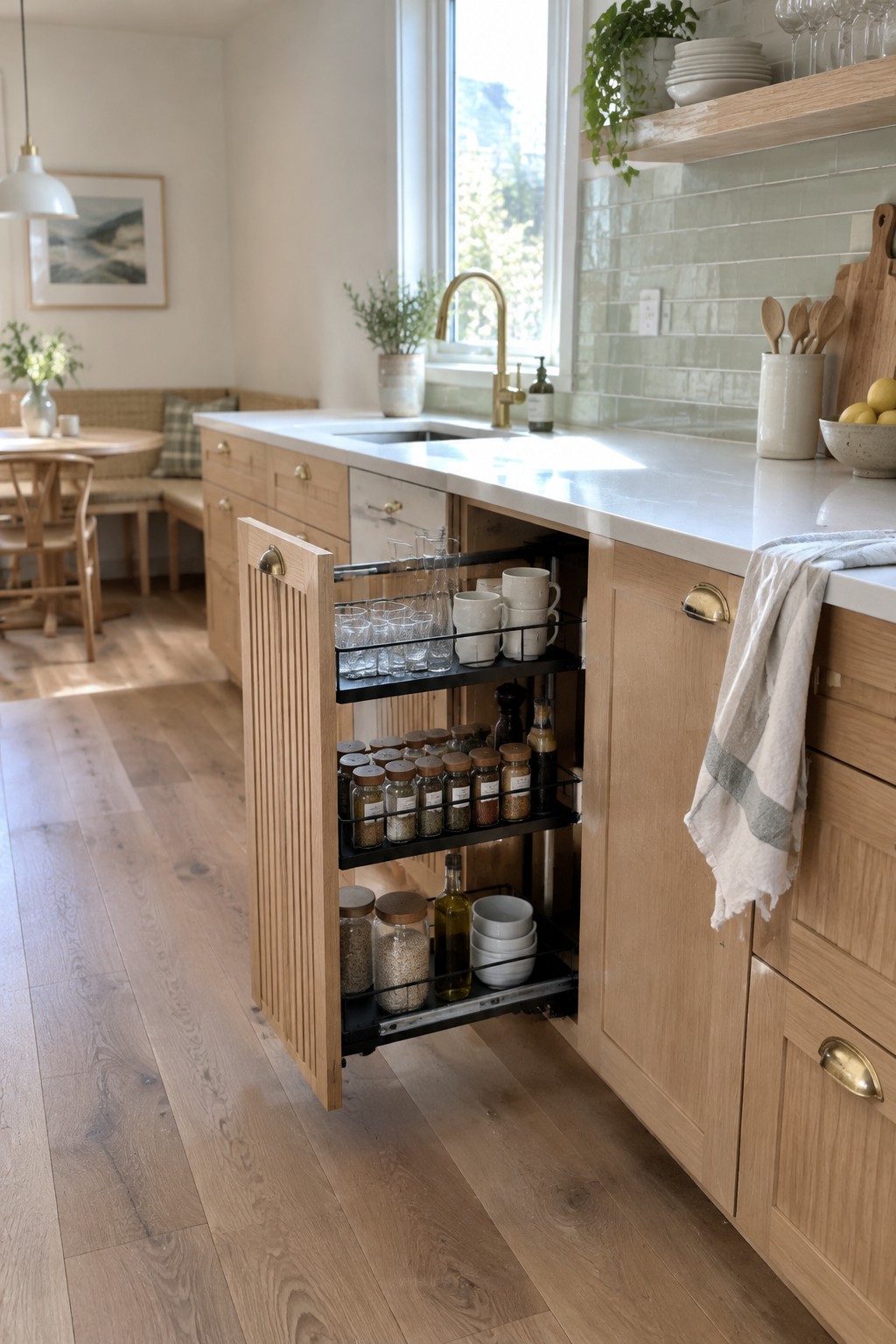 An open wooden kitchen cabinet has pull-out shelves holding drinking glasses, mugs, spice jars, and pantry containers.