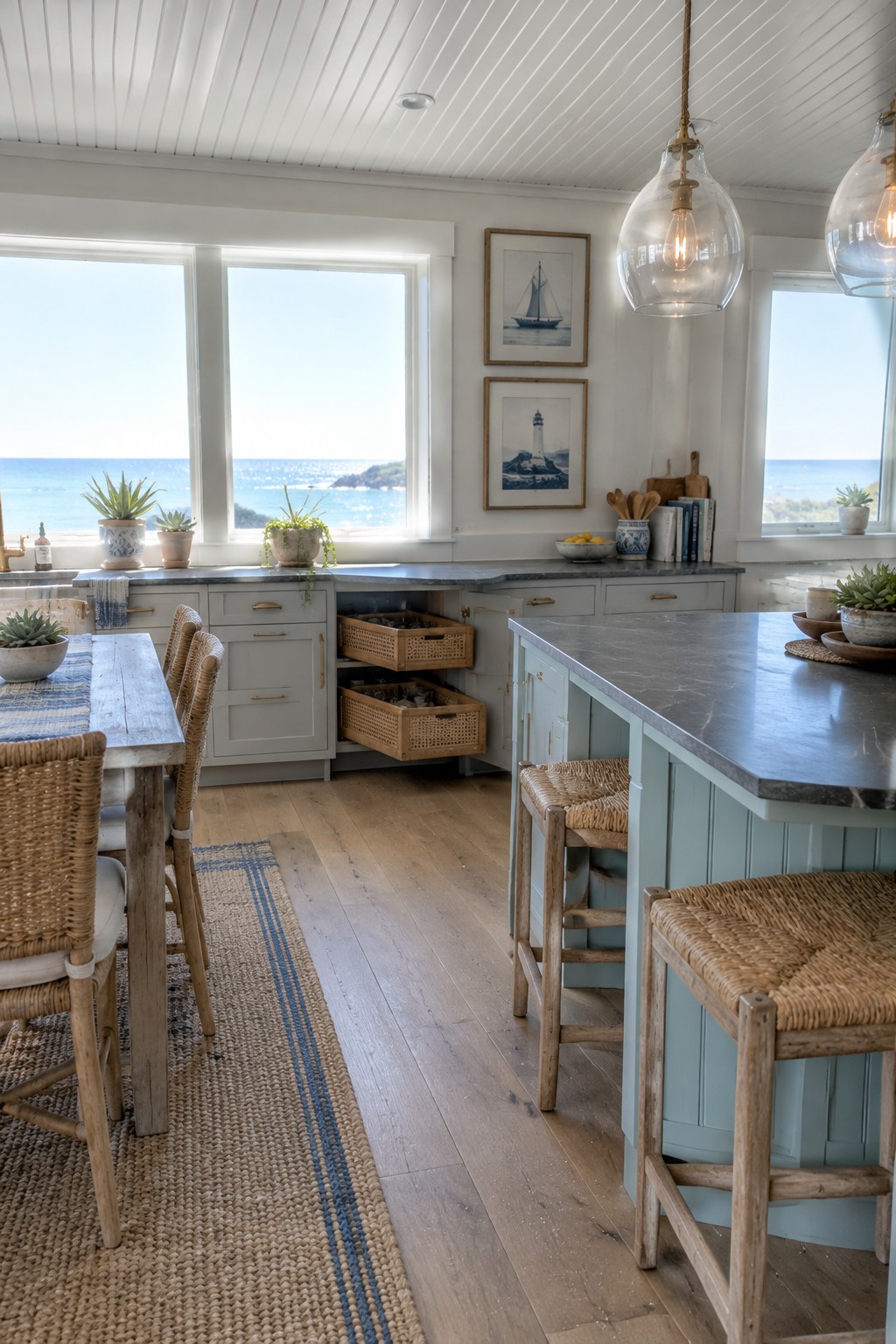 A bright kitchen with white lower cabinets, an open corner cabinet holding two woven pull-out baskets, and a pale blue island.