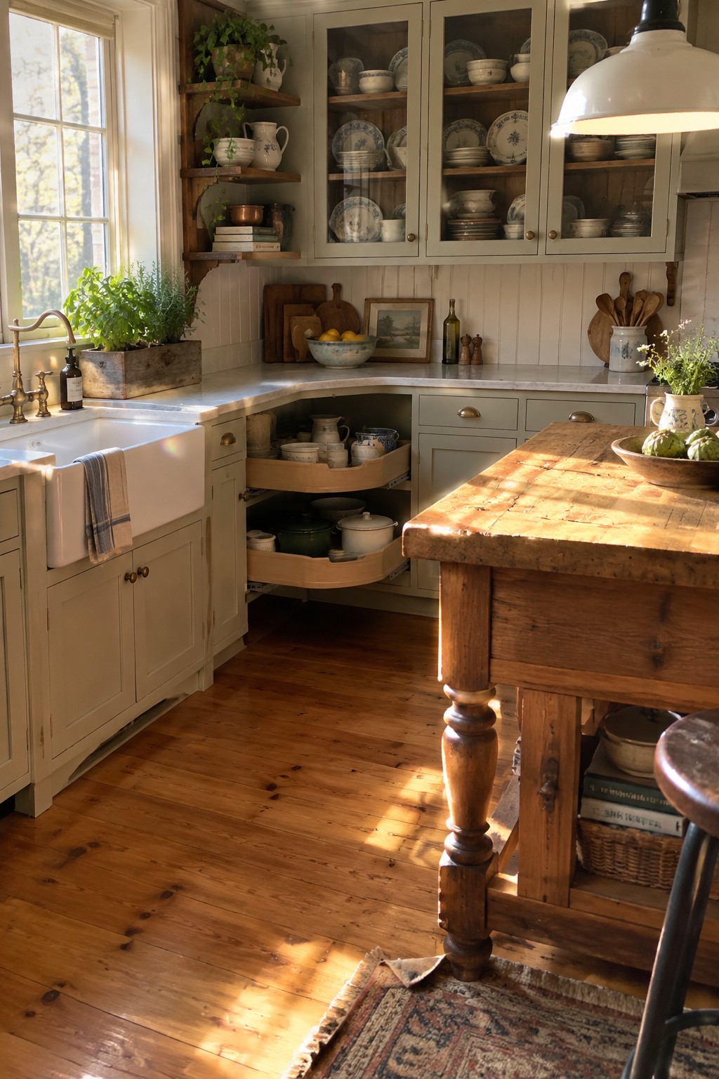 Two curved pull-out shelves in a lower corner cabinet hold dishes and cookware in a kitchen.