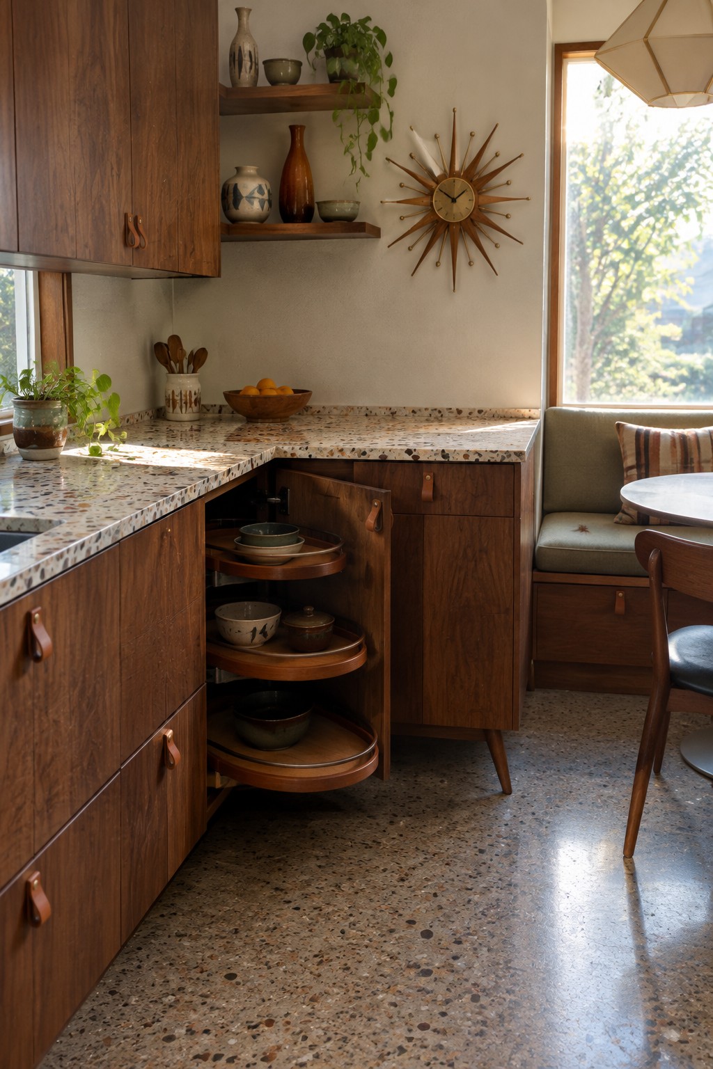 An open wooden lower corner cabinet has curved pull-out shelves holding bowls and pots.