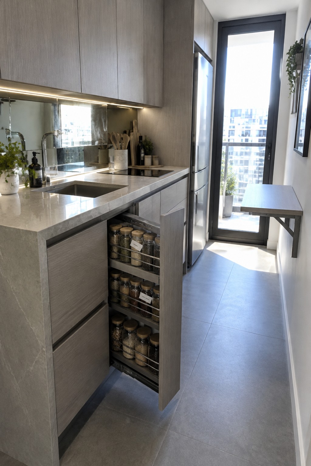 A narrow pull-out cabinet with jars on several shelves is open beside a kitchen counter.
