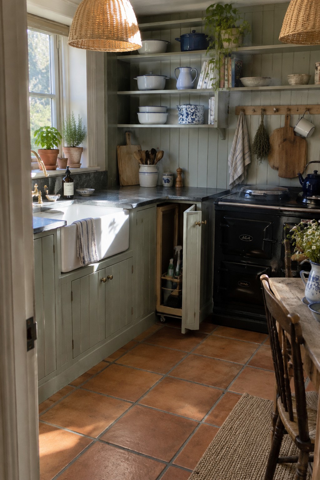A narrow pull-out rack inside an open lower corner cabinet holds cleaning bottles and brushes.