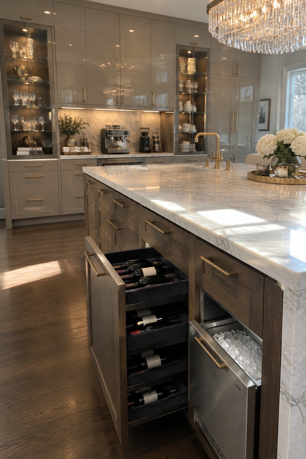 An open wood cabinet drawer holds wine bottles beside a pull-out stainless steel bin filled with glasses.