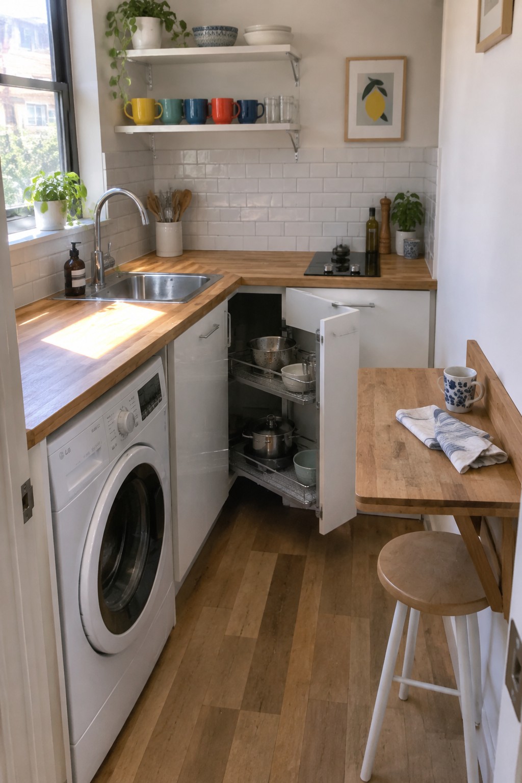 A small kitchen with an open lower corner cabinet showing pull-out wire shelves holding pots and bowls.