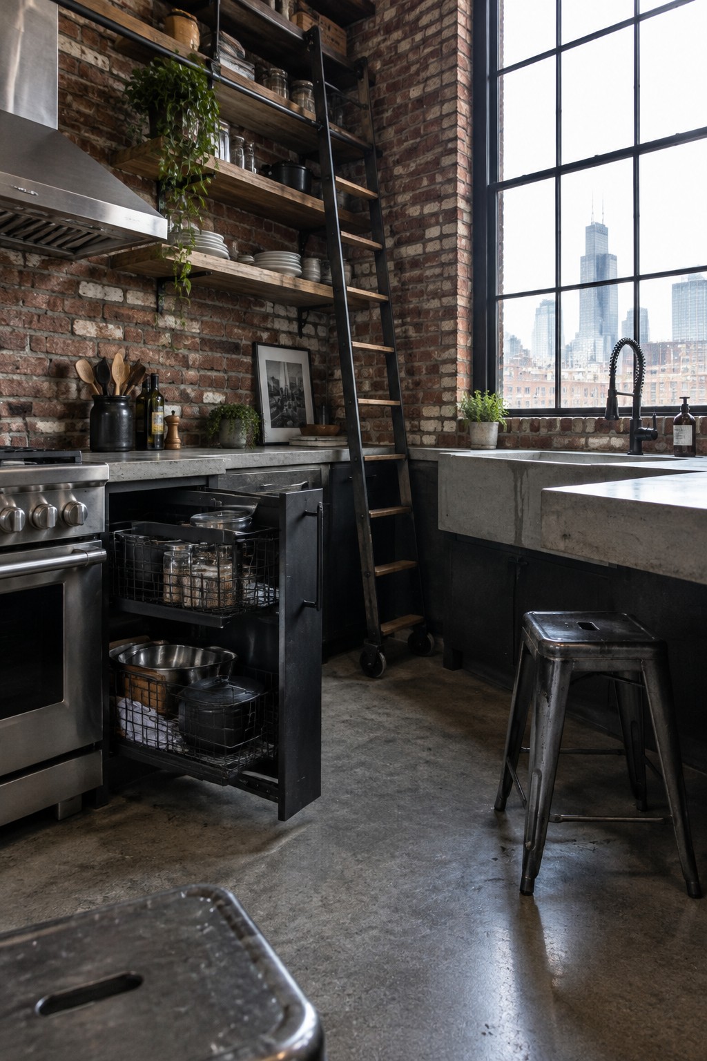 An industrial-style kitchen with an open lower cabinet drawer holding wire baskets and cookware.