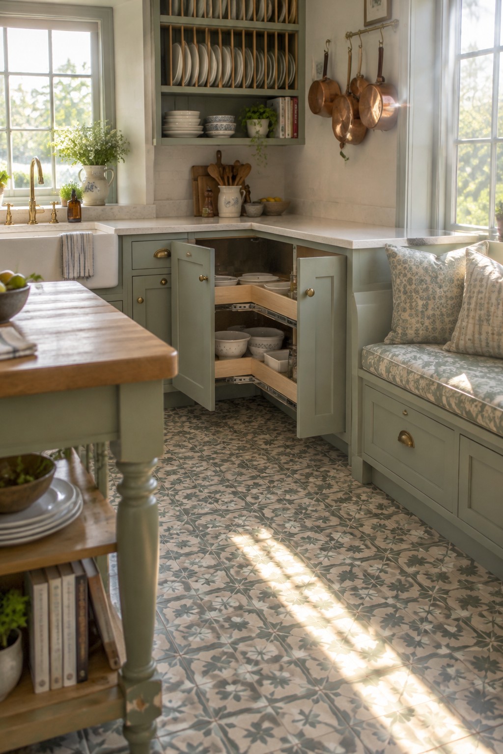 Two open sage-green lower corner cabinet doors reveal pull-out wooden shelves holding plates and bowls.