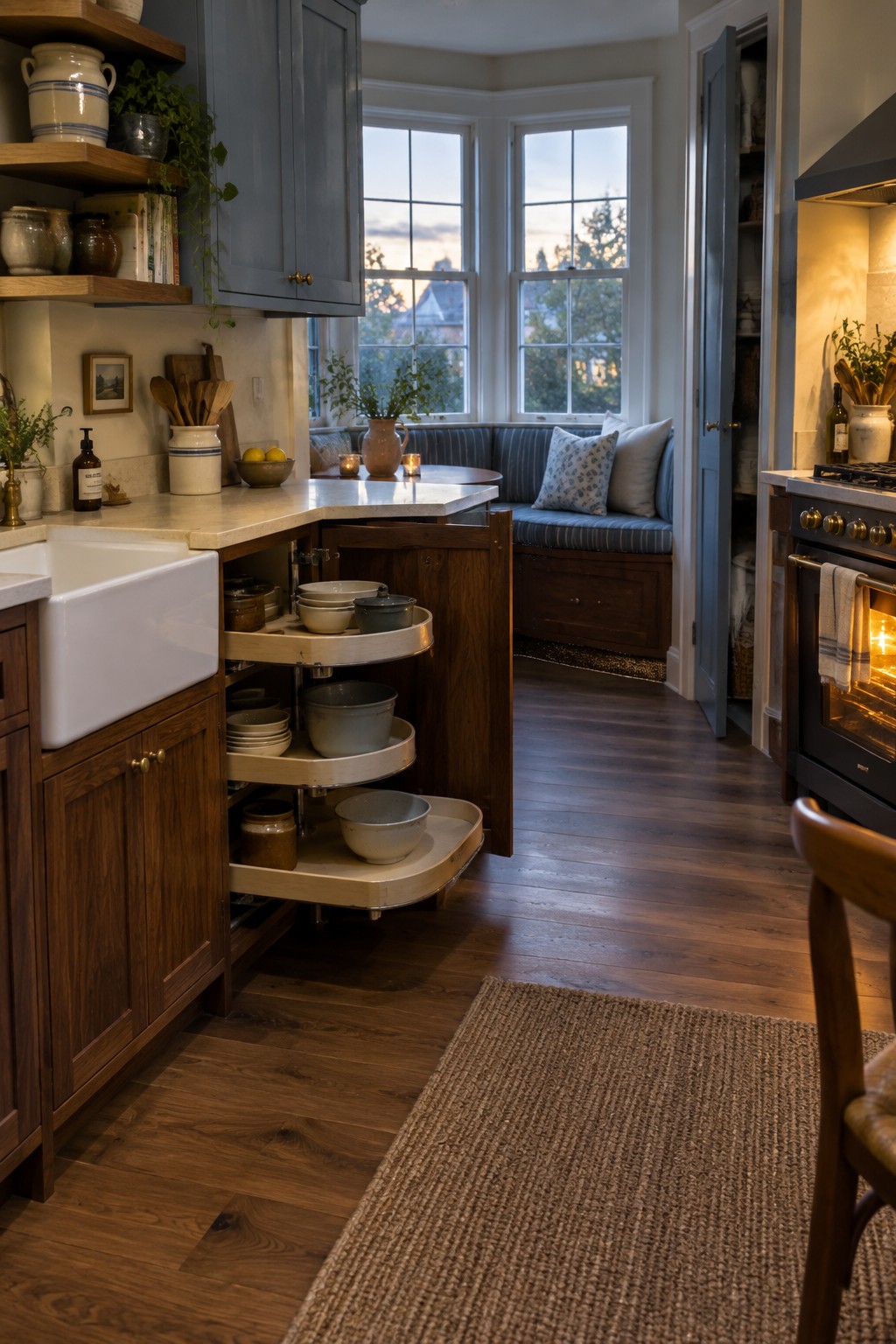 An open lower corner kitchen cabinet has curved rotating shelves holding bowls and pots.