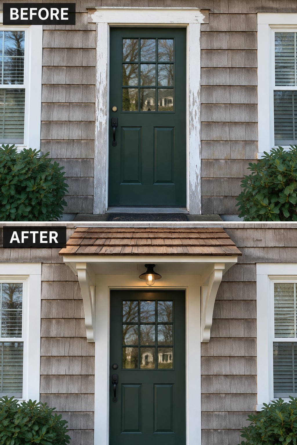 Before and after of dark green door with new wooden awning and lit lantern