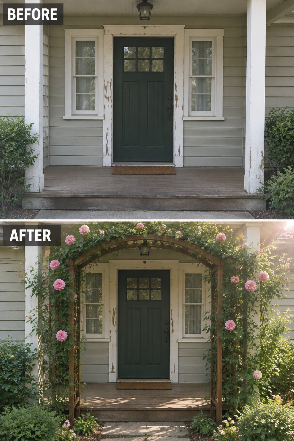 Before-and-after porch with green door framed by blooming pink rose arch