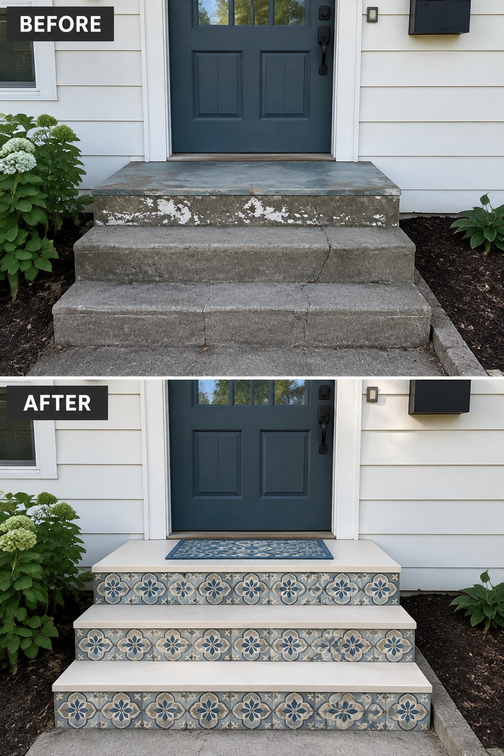 Before-and-after porch steps: cracked concrete upgraded with blue floral tile risers