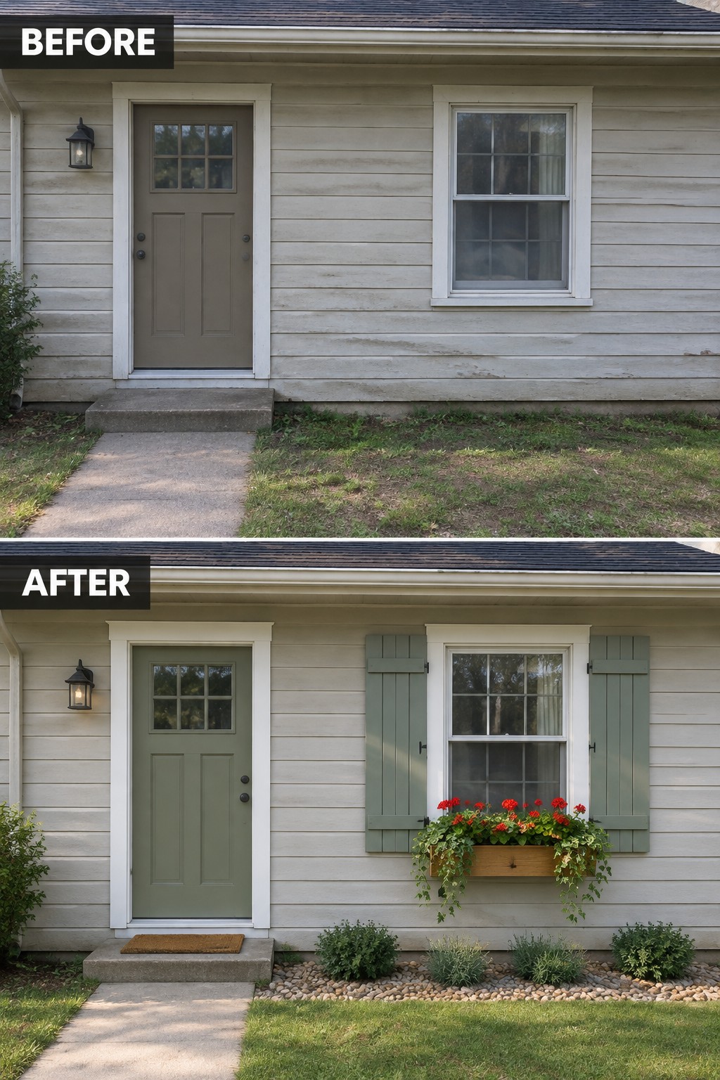 House exterior before and after with green door, shutters, flower box, and landscaping