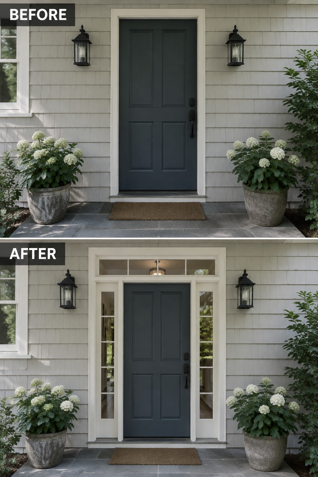 Before and after of dark gray door with added white sidelights and transom window.