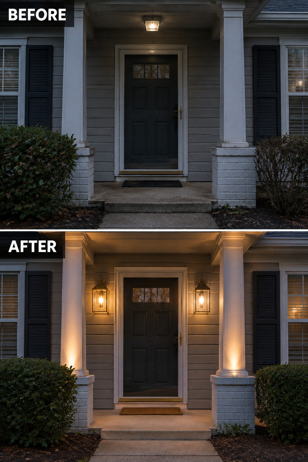 Before-and-after image of a house front entry updated with wall lanterns on either side of the door and uplighting on the columns.