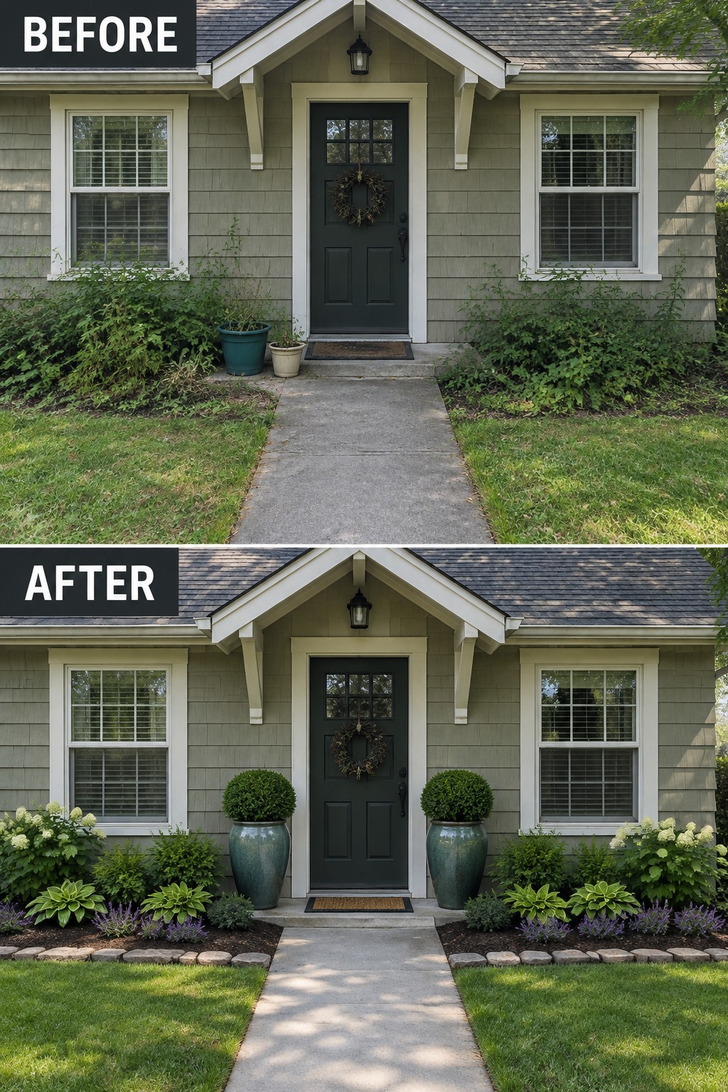 Before and after of house entrance with overgrown bushes transformed into neat garden.