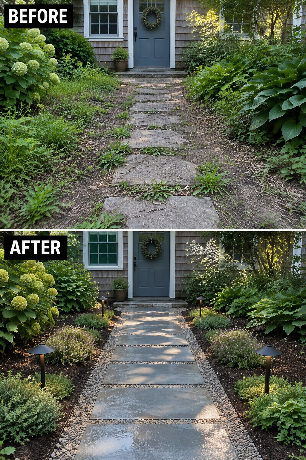 Before and after of overgrown stone path transformed into neat landscaped walkway with lights