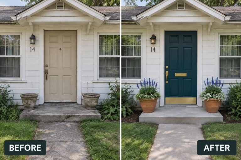 Before-and-after image of a white cottage home with the front door changed from beige to dark green and new flowering plants added in the pots.